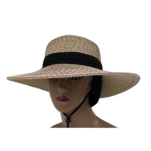 HBY Miami Women's Tan Straw Wide Brim Chiffon Ribbon Oversized Sun Hat M/L
